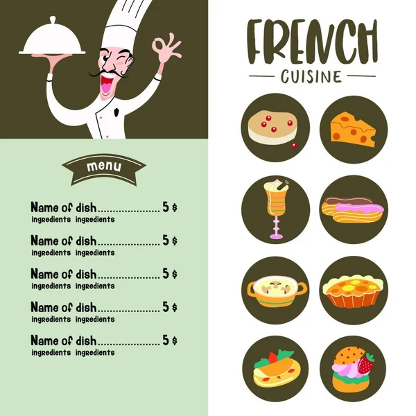 Cucina Francese Illustrazione Vettoriale Cucina Tradizionale Francese Divertente Cuoco Con — Vettoriale Stock