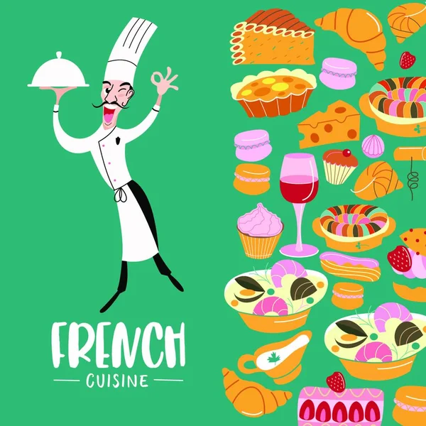 Французька Кухня Вікторна Ілюстрація Традиційна Французька Кухня Кухар Тарілкою Руках — стоковий вектор