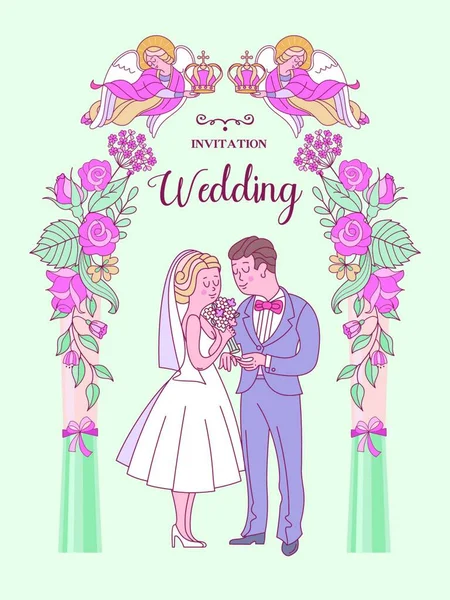 Gelukkige Bruiloften Huwelijkskaart Huwelijksuitnodiging Bruid Bruidegom Twee Engelen Houden Huwelijkskronen — Stockvector