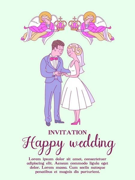 Casamentos Felizes Cartão Casamento Convite Casamento Noiva Noivo Dois Anjos — Vetor de Stock