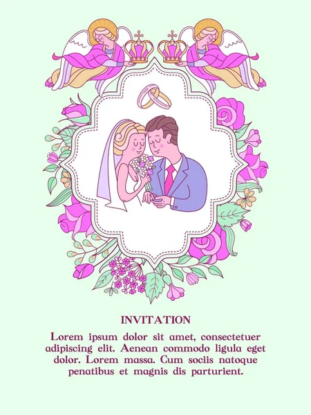 Casamentos Felizes Cartão Casamento Convite Casamento Noiva Noivo Trajes Casamento — Vetor de Stock
