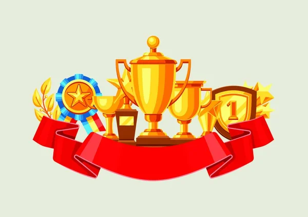 Prijzen Trofee Achtergrond Beloningsartikelen Voor Sport Bedrijfswedstrijden Prijzen Achtergrond Van — Stockvector