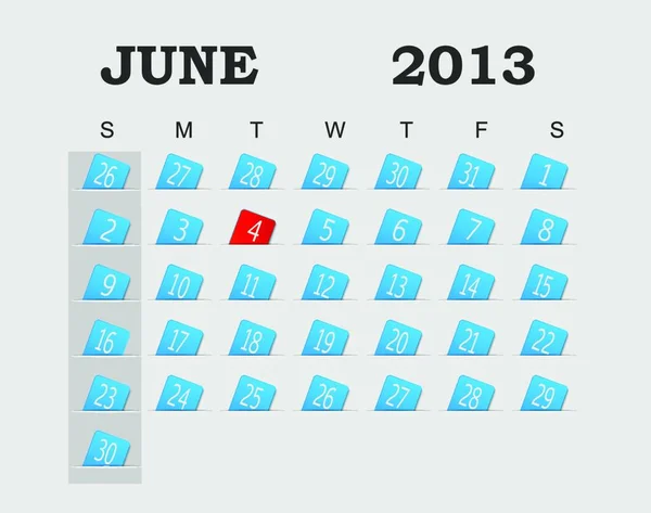 Kalendarz Wektorowy 2013 Niebieski Czerwiec Ilustracja Wektora Eps — Wektor stockowy