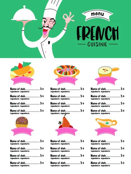 French Cuisine Menu Set French Dishes Pastries French Cuisine Cook — Stock Vector