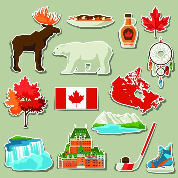 Kanada Sticker Icons Set Traditionelle Kanadische Symbole Und Attraktionen Kanada — Stockvektor