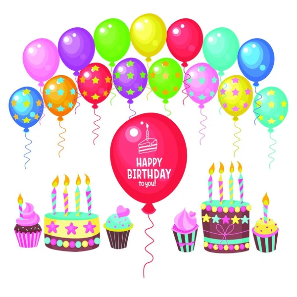 Palloncini Multicolore Palloncini Multicolore Torta Compleanno Con Candele Luminosa Illustrazione — Vettoriale Stock