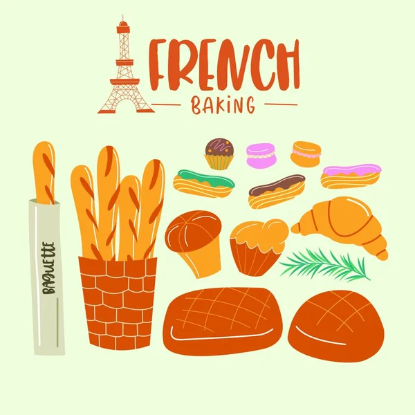 Cuisine Française Menu Assortiment Plats Pâtisseries Français Pain Français Illustration — Image vectorielle