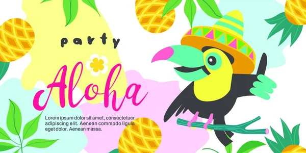 Aloha Ein Lustiger Tukan Mit Mexikanischem Hut Sitzt Auf Einem — Stockvektor