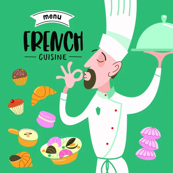Masakan Perancis Menu Satu Set Hidangan Perancis Dan Kue Kue - Stok Vektor