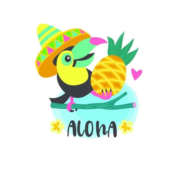 Hallo Sommer Aloha Netter Lustiger Cartoon Toucan Tropische Paradiese Aloha — Stockvektor