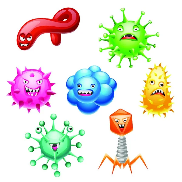 Uppsättning Små Arga Virus Mikrober Och Monster Uppsättning Små Arga — Stock vektor