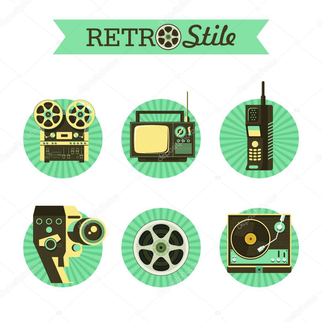 Reel to reel tape, retro TV, legacy wireless phones, film reel, vintage movie camera, gramophone. Set of vector icons, logos.