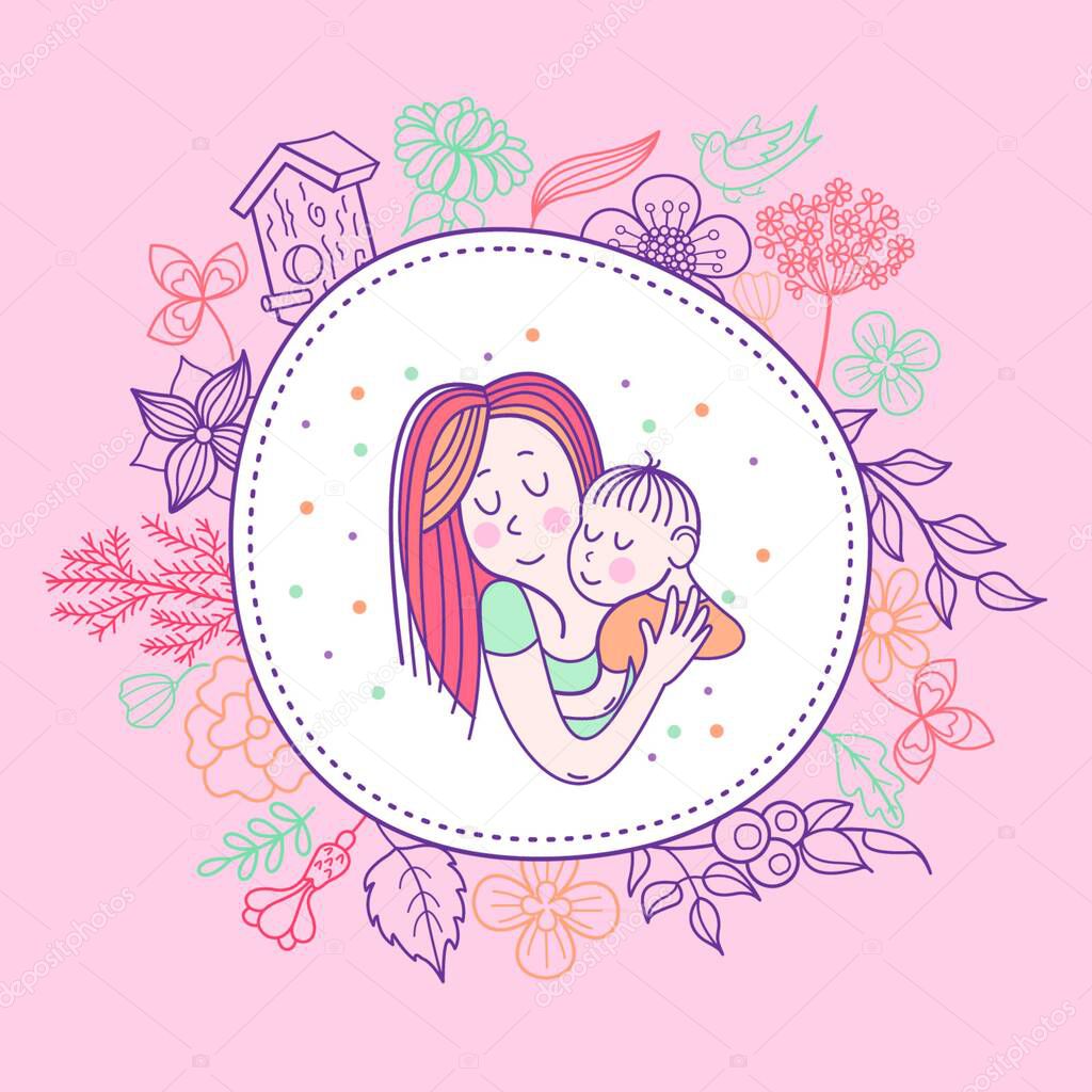 Greeting card mother&rsquo s day. A pretty mother holds cute baby. Linear illustration. Vector emblem. The floral pattern.