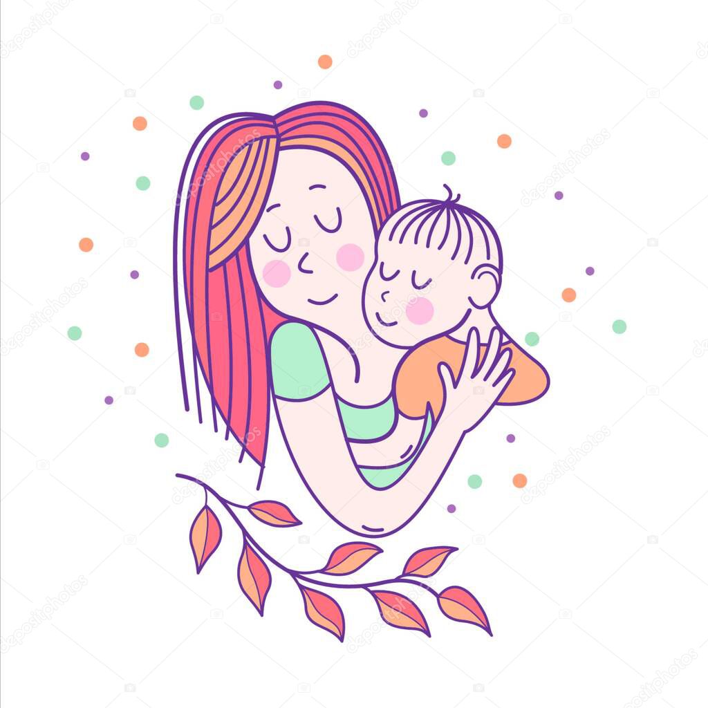 Greeting card mother&rsquo s day. A pretty mother holds cute baby. Linear illustration. Vector emblem. The floral pattern.
