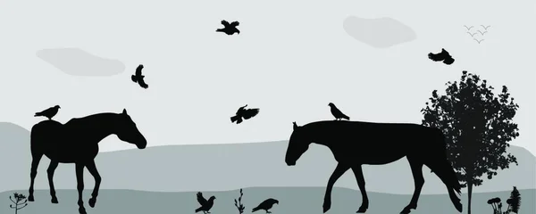 Прогулка Кони Птицы Летают Природе Векторная Миграция — стоковый вектор