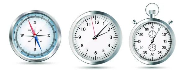 Glossy Compass Uhr Und Stoppuhr Set Vektorillustration — Stockvektor