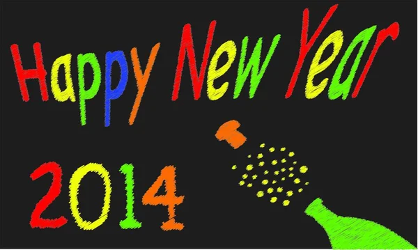 幸せな新年のメッセージとバブルの破裂したボトルを持つ古い黒板 — ストックベクタ