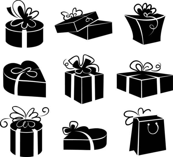 Conjunto Iconos Cajas Regalo Ilustraciones Blanco Negro — Archivo Imágenes Vectoriales