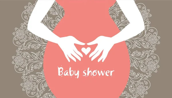 Silueta Madre Embarazada Con Símbolo Del Corazón Tarjeta Felicitación Baby — Vector de stock