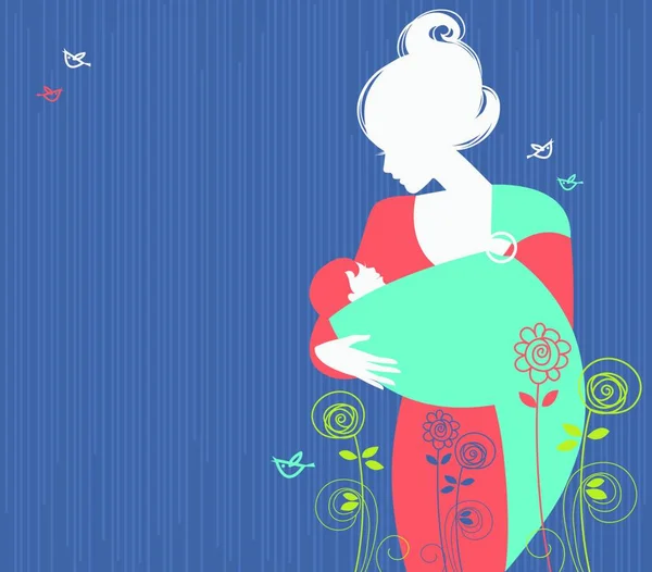 Schöne Mutter Silhouette Mit Baby Einem Tragetuch Und Floralen Hintergrund — Stockvektor