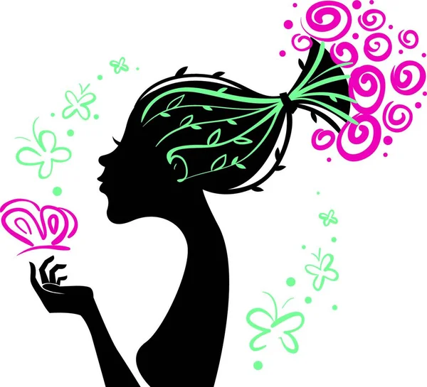 花や蝶と美しい女性のシルエット — ストックベクタ