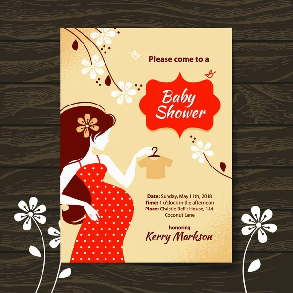 Vintage Invitation Douche Bébé Avec Belle Femme Enceinte — Image vectorielle