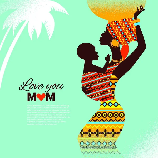 Hermosa Silueta Madre Africana Negra Bebé Estilo Retro Tarjetas Del — Vector de stock