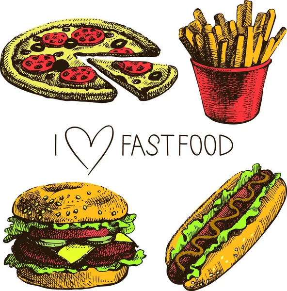 Fast Food Set Handgezeichnete Illustrationen — Stockvektor