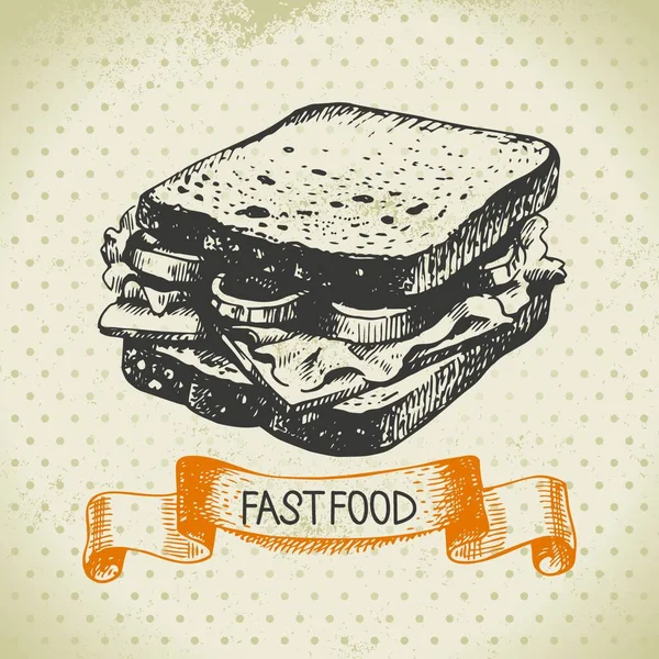 Vintage Fast Food Hintergrund Handgezeichnete Illustration Menügestaltung — Stockvektor