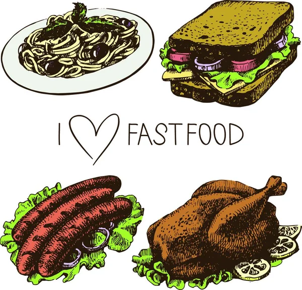 Fast Food Set Handgezeichnete Illustrationen — Stockvektor