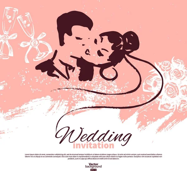 Biglietto Invito Matrimonio Illustrazione Schizzo Vintage Con Silhouette Degli Sposi — Vettoriale Stock