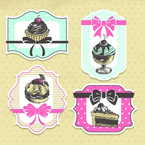 Set Vintage Bakery Labels Vintage Frames Sweet Cupcakes — Stock Vector