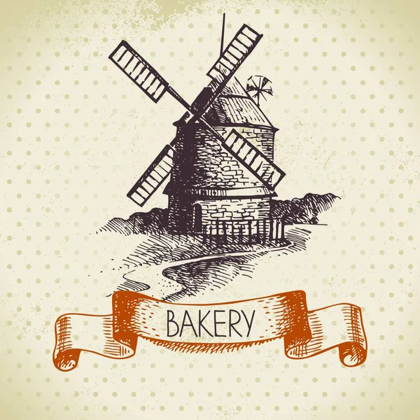 Fond Croquis Boulangerie Vintage Illustration Dessinée Main Moulin — Image vectorielle