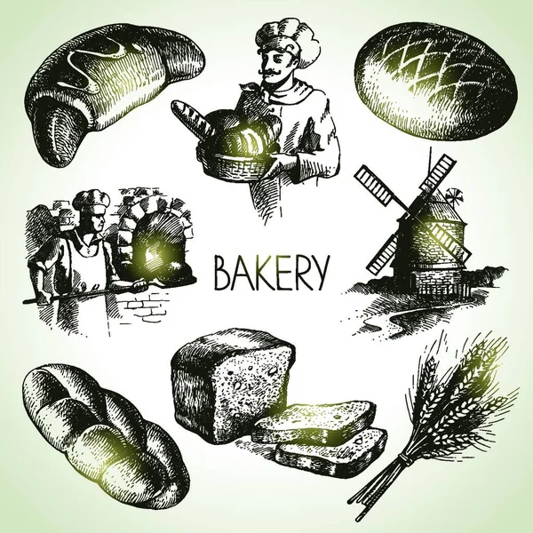 Bäckereiskizze Gesetzt Vintage Handgezeichnete Illustrationen — Stockvektor