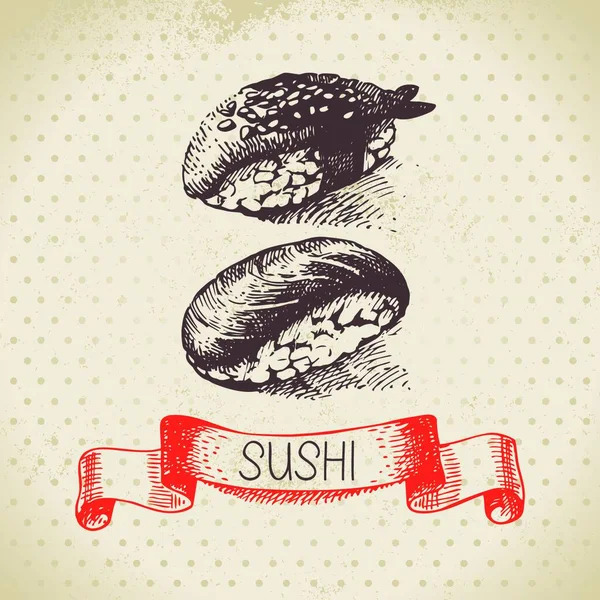 Sfondo Sushi Vintage Disegnato Mano — Vettoriale Stock