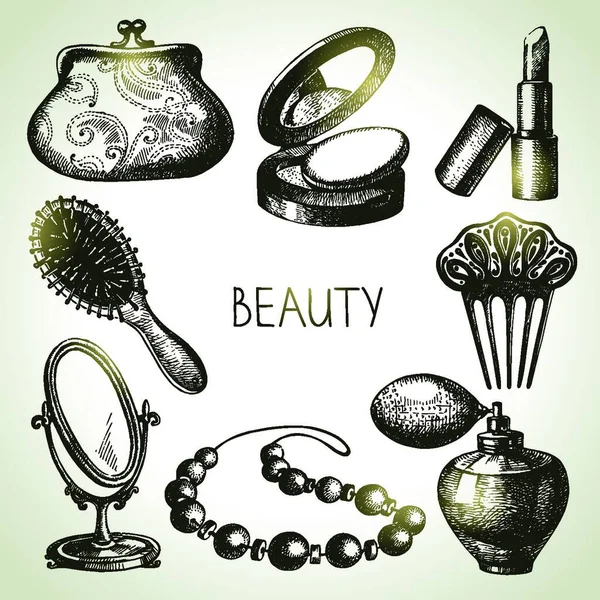 Beauty Sketch Icon Set Vintage Handgezeichnete Vektor Illustrationen Von Kosmetika — Stockvektor