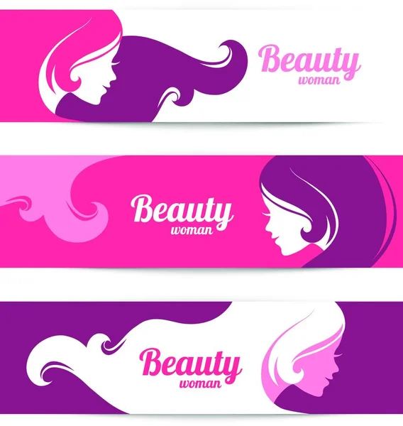 Banners Con Elegante Silueta Mujer Hermosa Tarjetas Diseño Plantilla — Vector de stock
