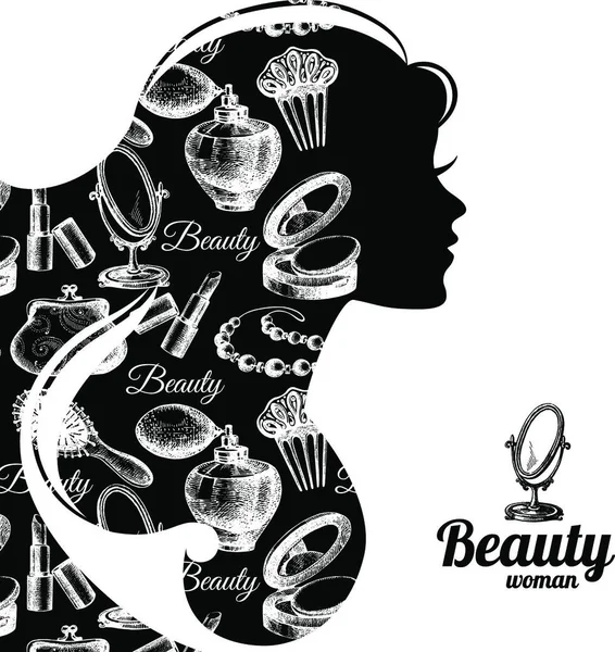 美しい女性のシルエット 化粧品セットパターン 美容室シンボル — ストックベクタ
