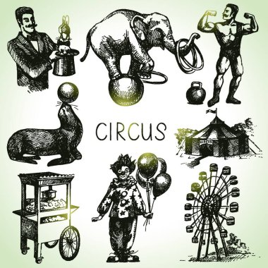 Hand drawn sketch circus and amusement vector illustrations. Vintage icons vector Hand drawn sketch circus and amusement vector illustrations. Vintage icons vector