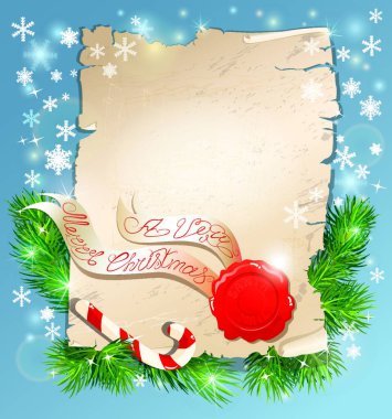 Christmas greeting magic scroll with wax seal of Santa Claus on blue snowflakes holiday background clipart