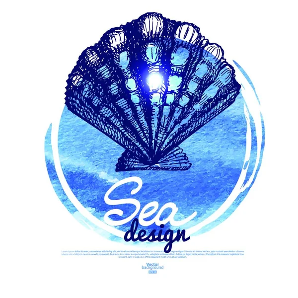 Seashell Fanan Havsnautisk Design Handritad Skiss Och Akvarell Illustration — Stock vektor