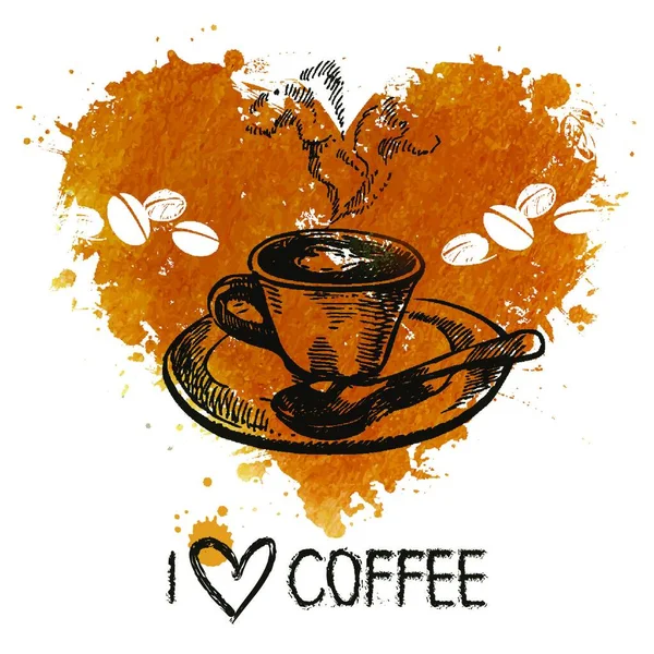 描かれたビンテージ コーヒー背景スプラッシュ水彩心と手し スケッチ図 — ストックベクタ