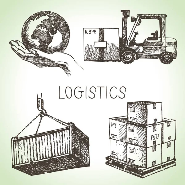 Set Icone Disegnate Mano Logistica Schizzo Consegna Illustrazione Vettoriale — Vettoriale Stock