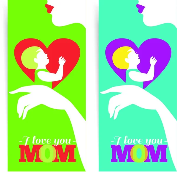 Happy Mother Rsquo Day Banners Beautiful Silhouette Mother Baby Heart — Stock Vector