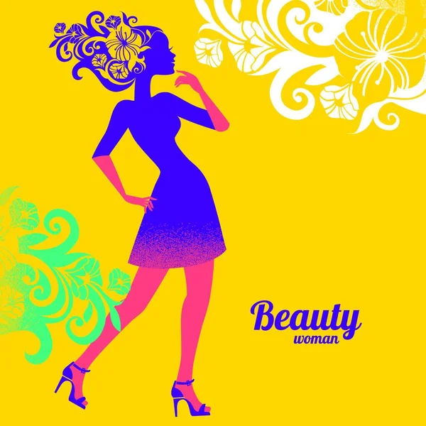 Belle Silhouette Femme Avec Des Fleurs — Image vectorielle