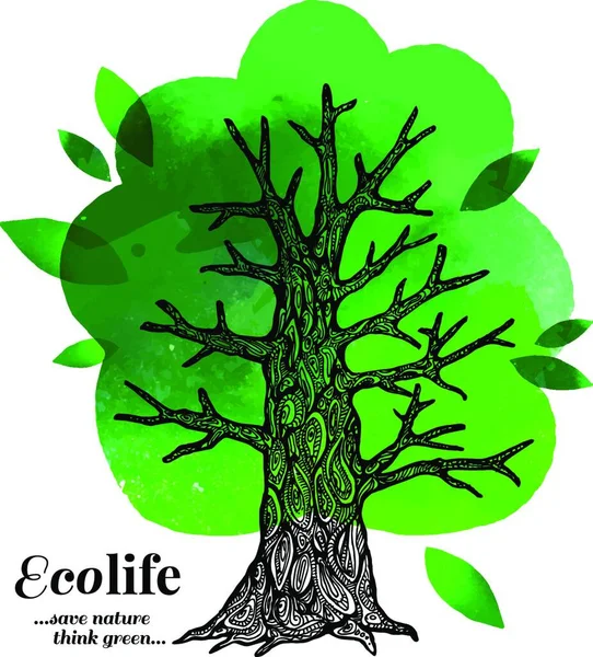 Schets Aquarel Ecologie Poster Hand Getekend Vectorillustratie Van Boom — Stockvector