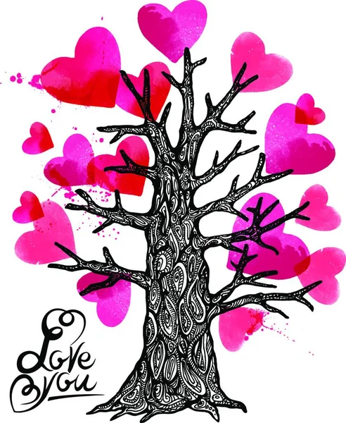 Valentine Love Boom Ontwerp Kaart Aquarel Vectorillustratie Bladeren Hart Vorm — Stockvector