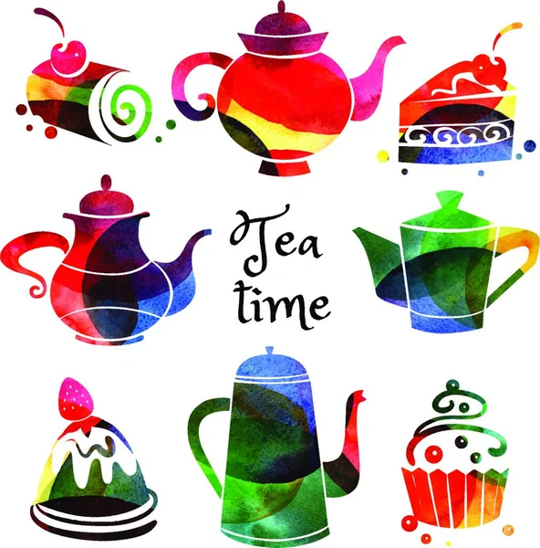 一整套水彩茶壶和甜美的蛋糕剪影 矢量茶时间图 — 图库矢量图片