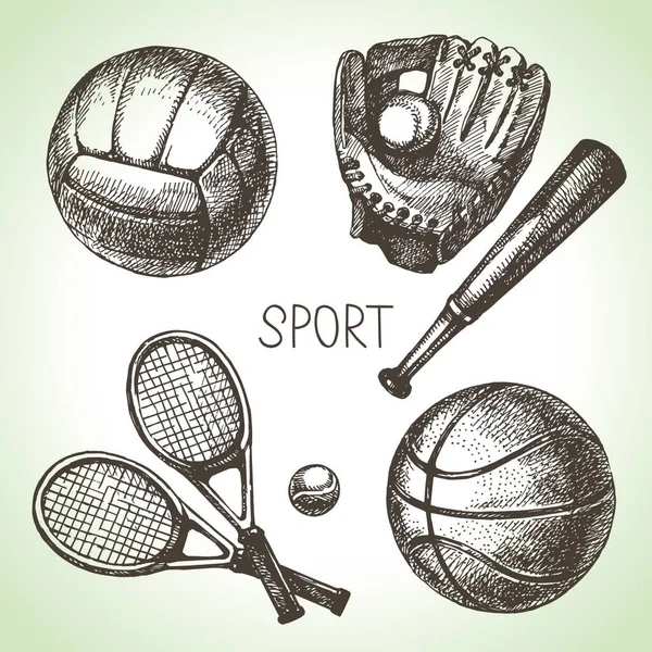 Met Hand Getrokken Sportset Schets Sportballen Vectorillustratie — Stockvector