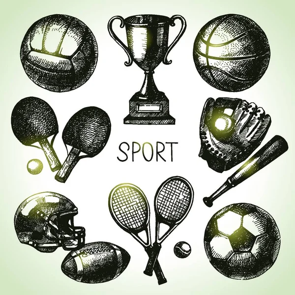 Met Hand Getrokken Sportset Schets Sportballen Vectorillustratie — Stockvector